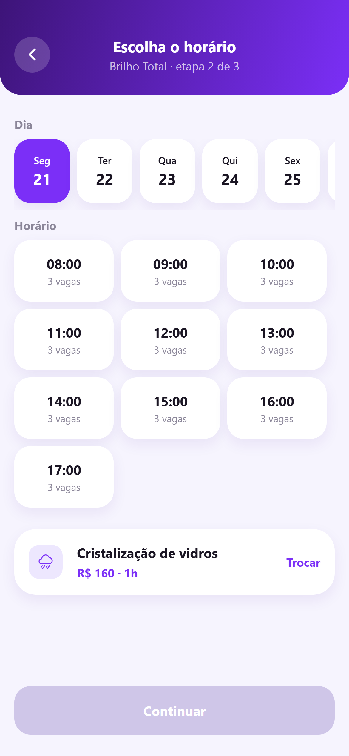 Tela de agendamento no aplicativo: escolha do dia, dos horários livres e o serviço selecionado