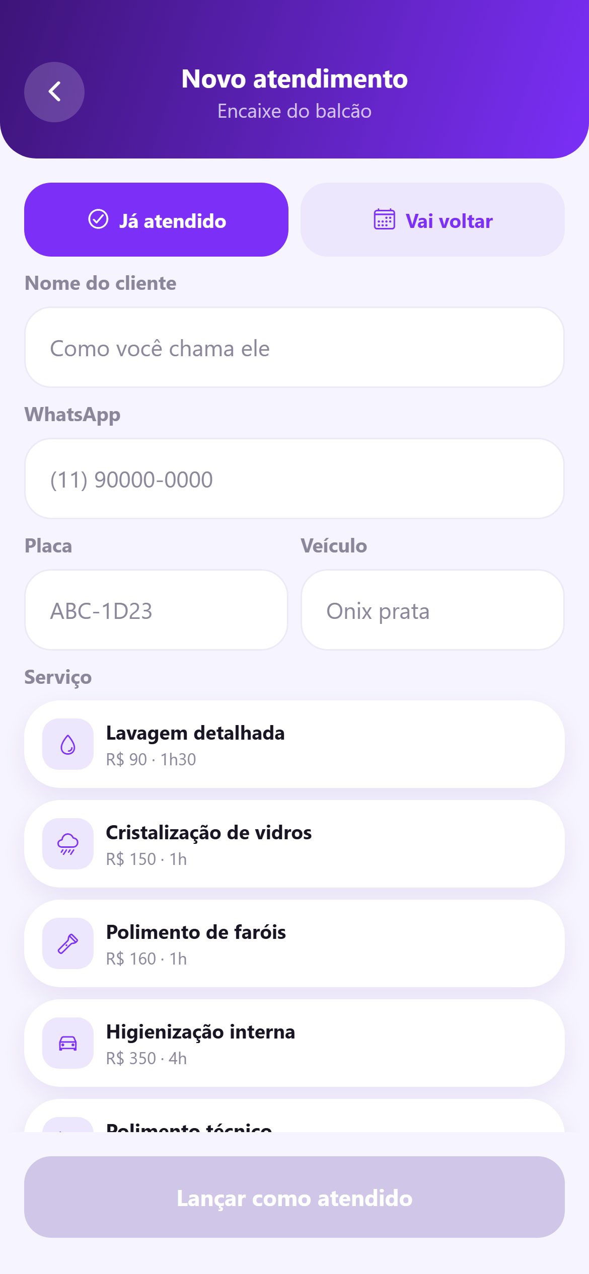 Encaixe do balcão: lançar um atendimento que chegou sem marcar