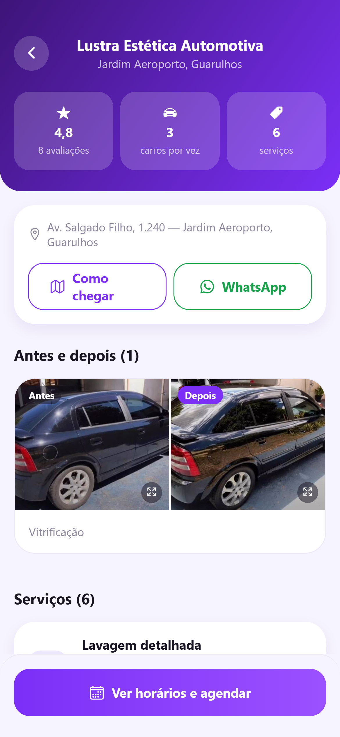 Página de uma estética no aplicativo, com fotos de antes e depois e os serviços