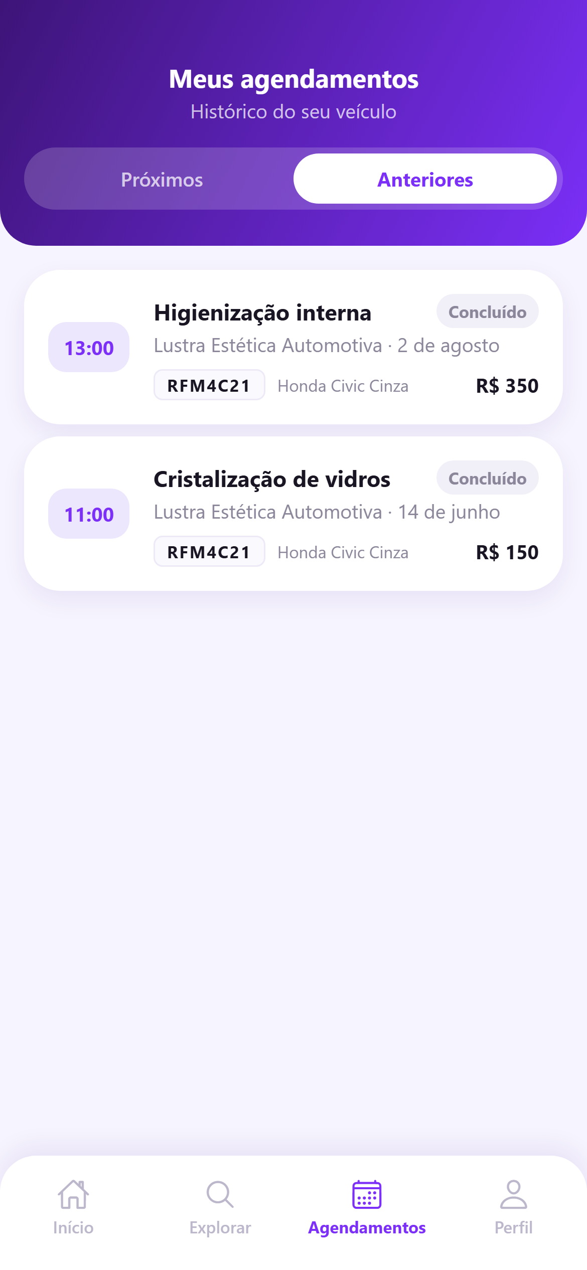 Histórico do veículo no aplicativo, com os serviços concluídos pela placa