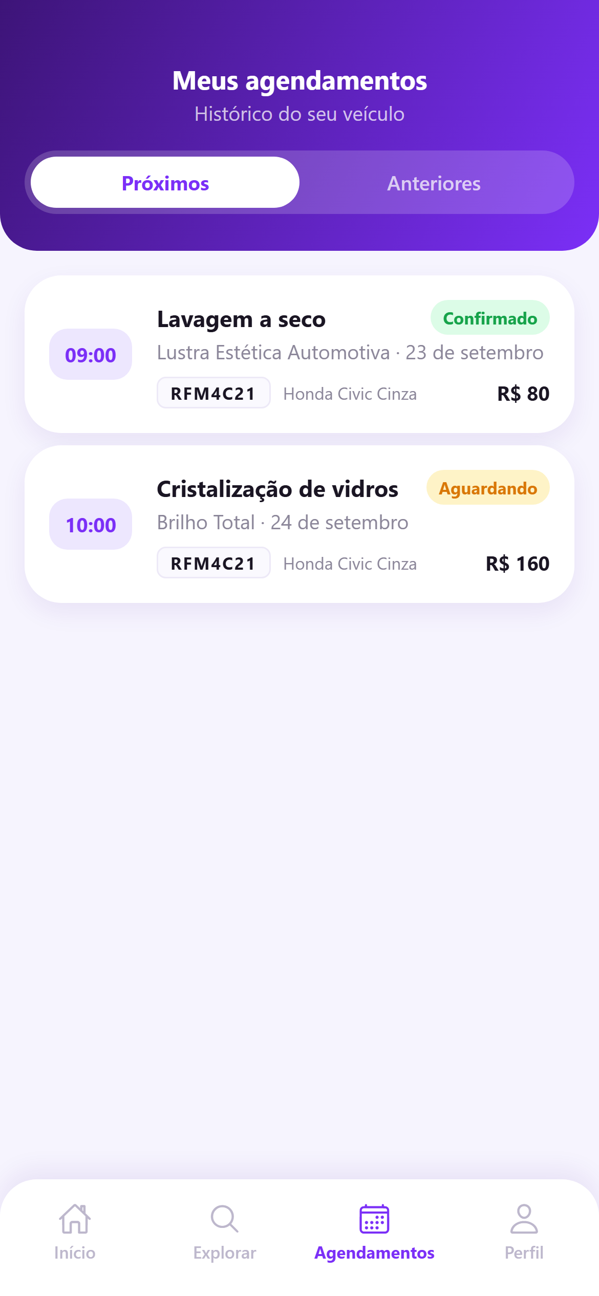 Tela de meus agendamentos no aplicativo, com o próximo serviço confirmado