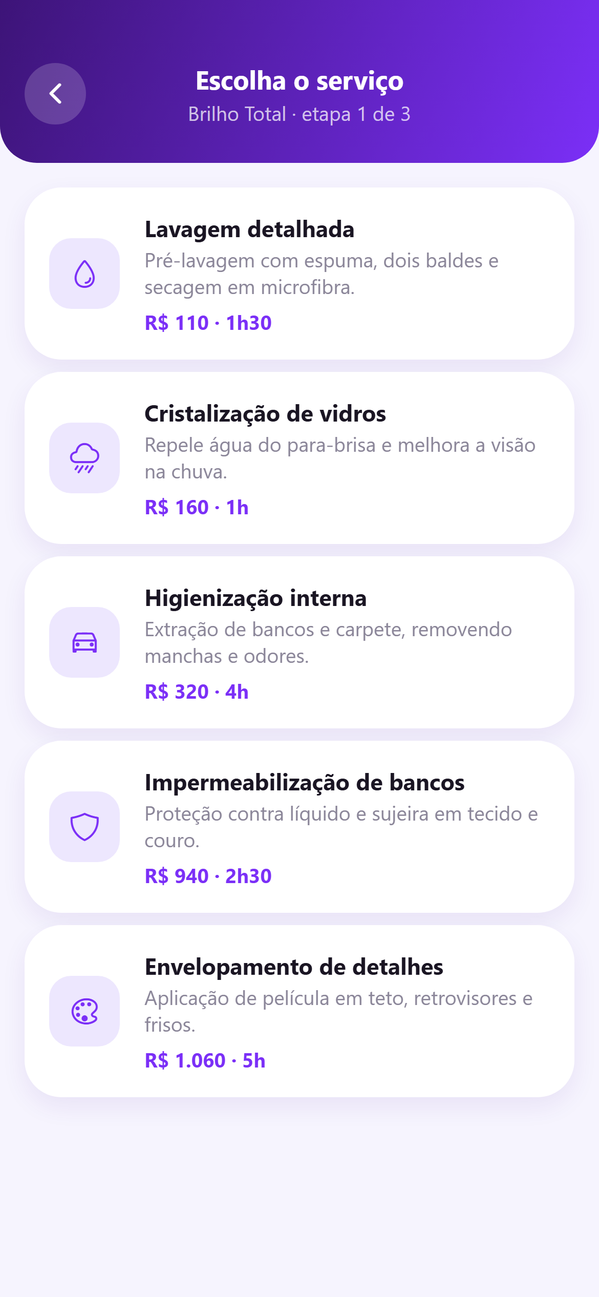 Tela de escolha do serviço no aplicativo, com preço e duração de cada um